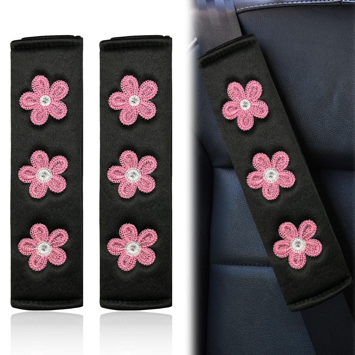 2PCS Daisy Flower Car Seat Belt Cover Pads, Protect Neck, DeepPink