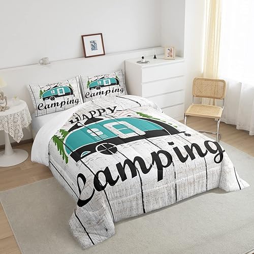 Miniatura 4 de Juego de ropa de cama para cámper, tamaño Queen, juego de edredón de campamento feliz para niñas y niños, edredón rústico de flechas de granja,