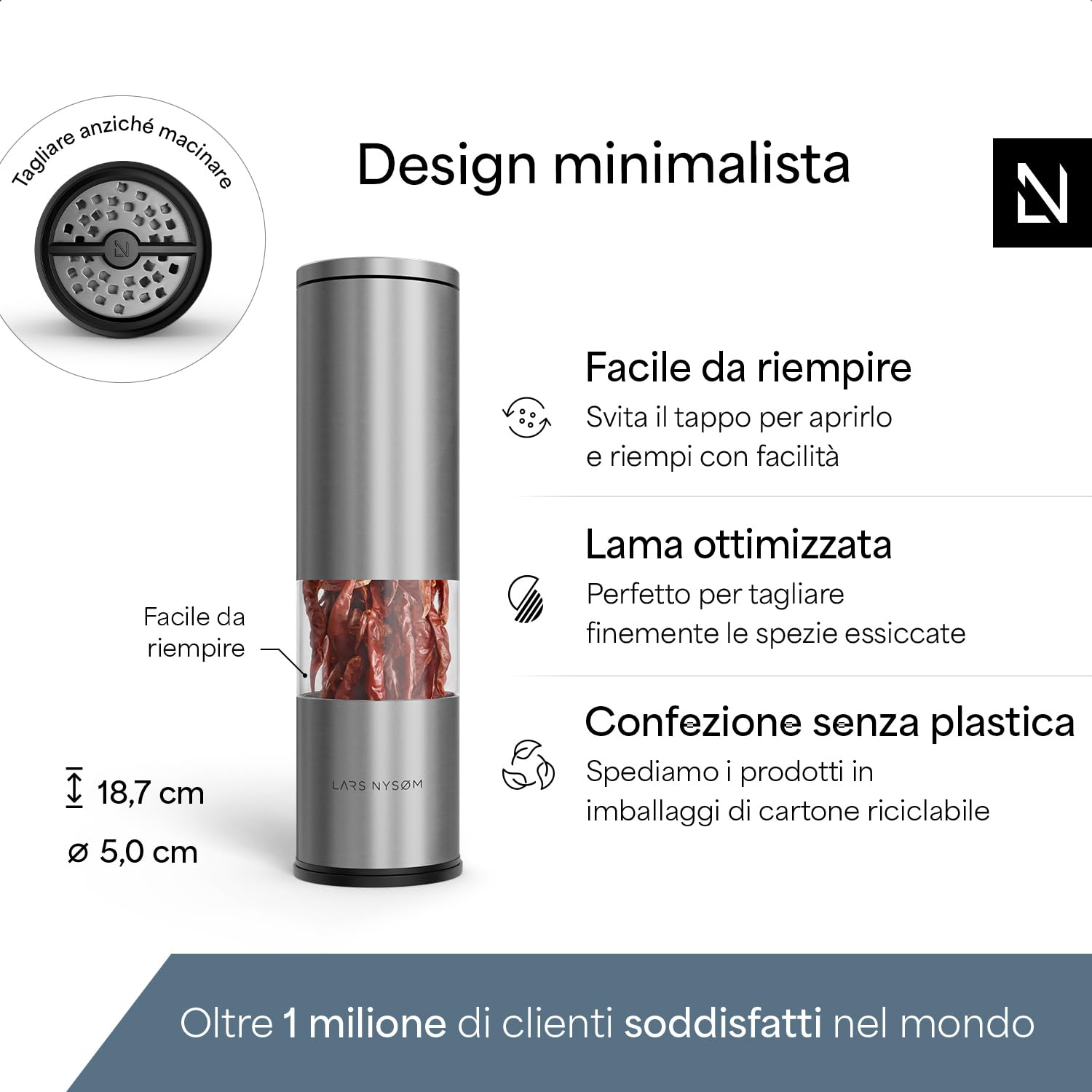 LARS NYSØM Macinino per Peperoncino con Lama di Taglio in Acciaio Inox I Taglierino per Peperoncino Premium I Macinino per Spezie di Design (Stainless Steel)