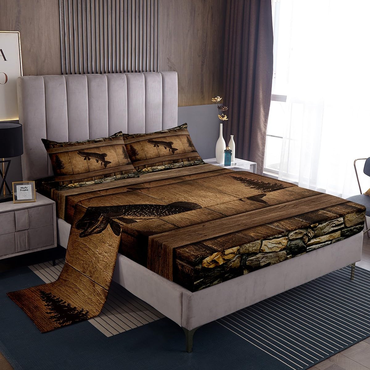 Homewish Juego de sábanas para niños, diseño de lucio, camuflaje, tamaño doble, para adolescentes y adultos, ropa de cama rústica de caza y pesca, juego de sábanas de cabaña, 4 piezas