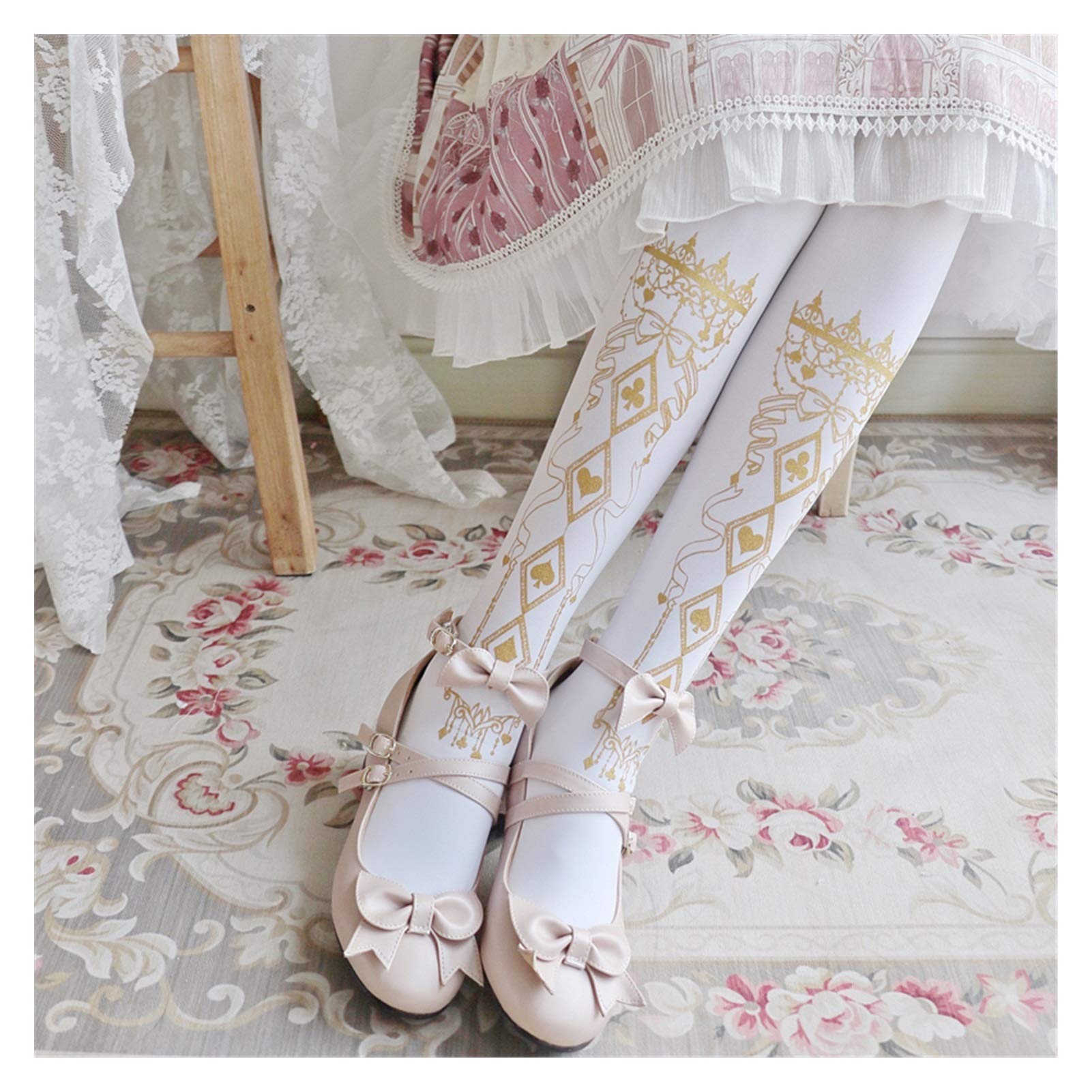 Frühling und Sommer Japanische Lolita Socken Strumpfhosen Basis Weiß Schwarz Vergoldung Seide Gold Mädchen Warm (Color : White Bird Cage)
