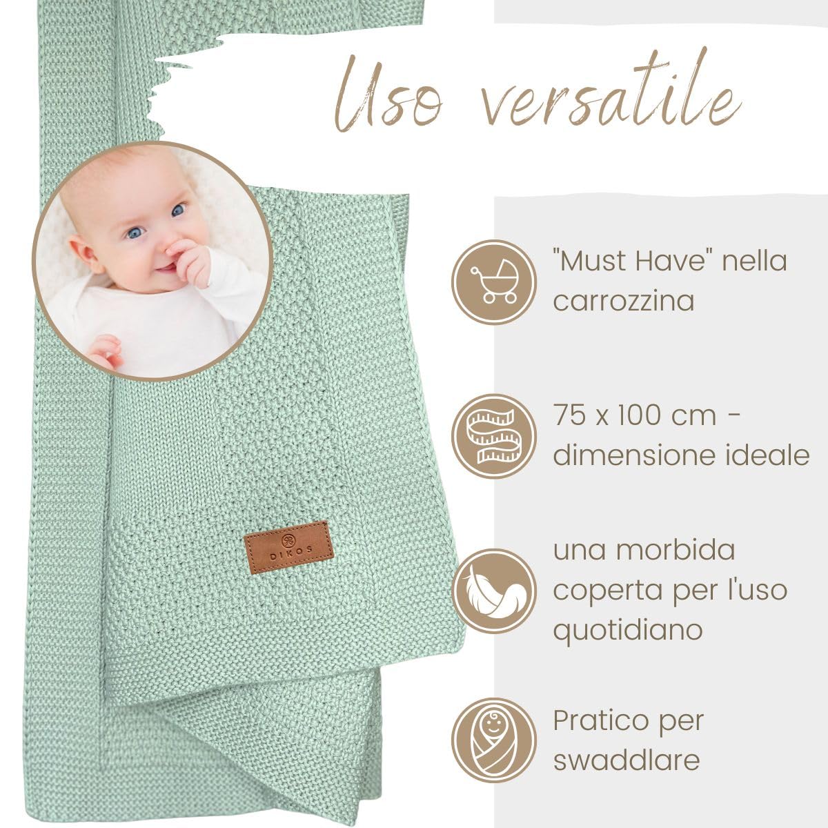 DIKOS® Coperta per neonati GOTS, in cotone biologico, morbida coperta per neonati, coperta per passeggino, per neonati, idea regalo per la nascita (menta)