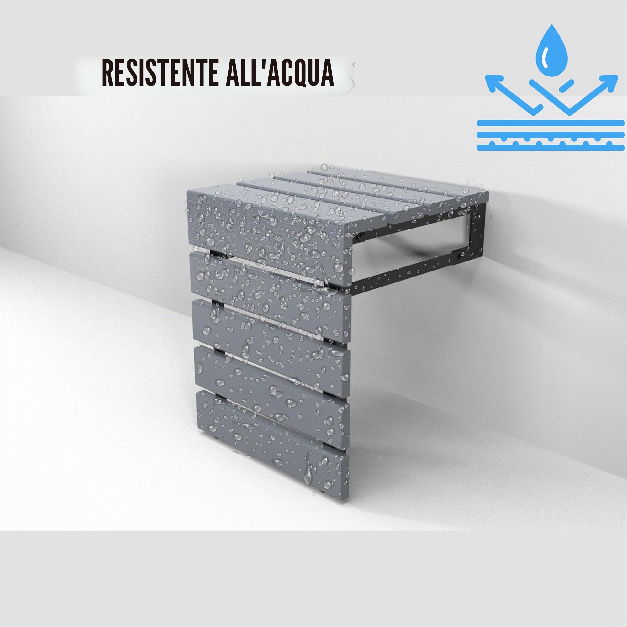 Seggiolino doccia murale pieghevole in legno di teak fatto a mano, sgabello doccia interno per anziani, disabili, donne incinte e con disabilità, panca esterna pieghevole resistente all'acqua (grigio)