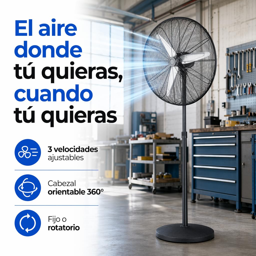 Ventilador de Pie Industrial 200W – 80 cm diametro, 3 Aspas Aluminio, 3 Velocidades, Oscilante y Orientable, Altura Regulable 200–235 cm, Base Pesada Antivuelco, Fijo y Rotatorio, Negro/Plata (200 W)