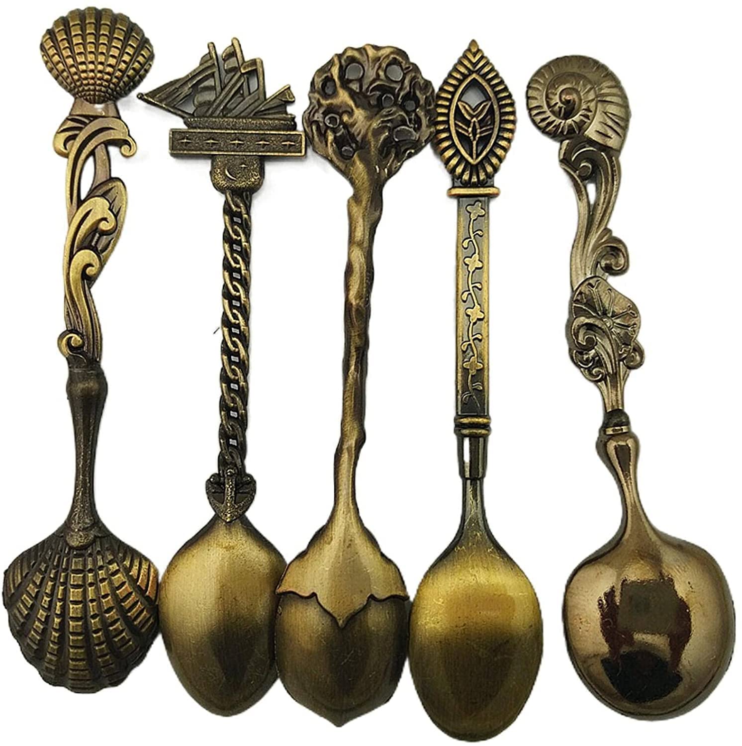 Cucchiaini Dessert Zuppa 5 Pz Occidente Retro Cucchiai Cucchiaini da caffè Bevanda Gelato Strumenti Stiranti Stirring Cucchiaio Flatware Accessori cucina Resistenti Cucina(Gold)