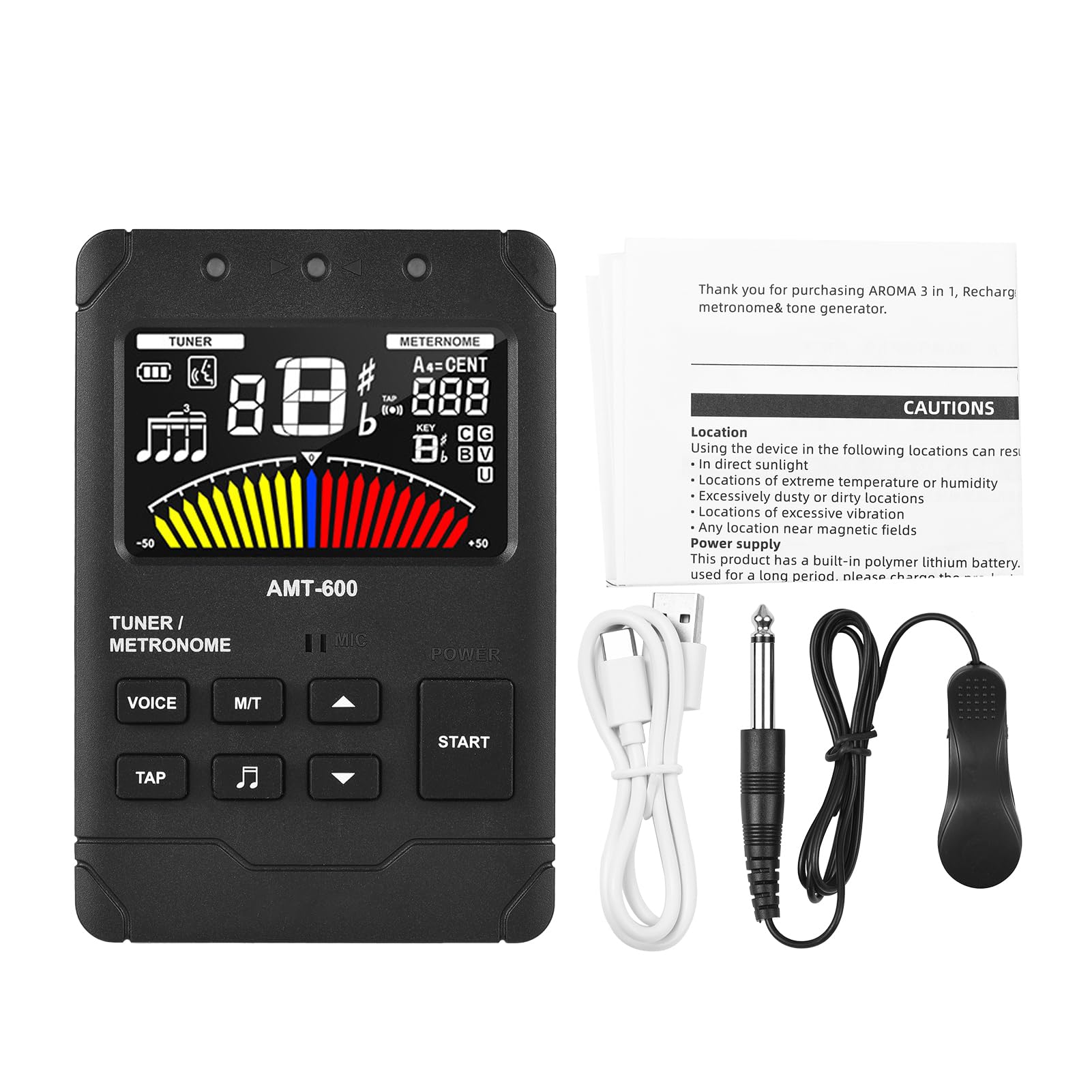 Afinador de Guitarra LCD en Color 3 en 1, Metrónomo, Generador de Tonos para Instrumentistas Cuerdas y Vientos