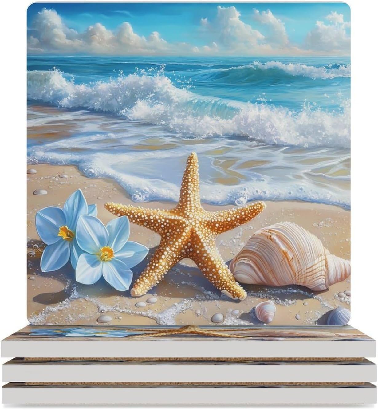 Ocean Waves Shells and Starfish Coasters for Drinks Square Table Coasters Set Cup Mats with Cork Base