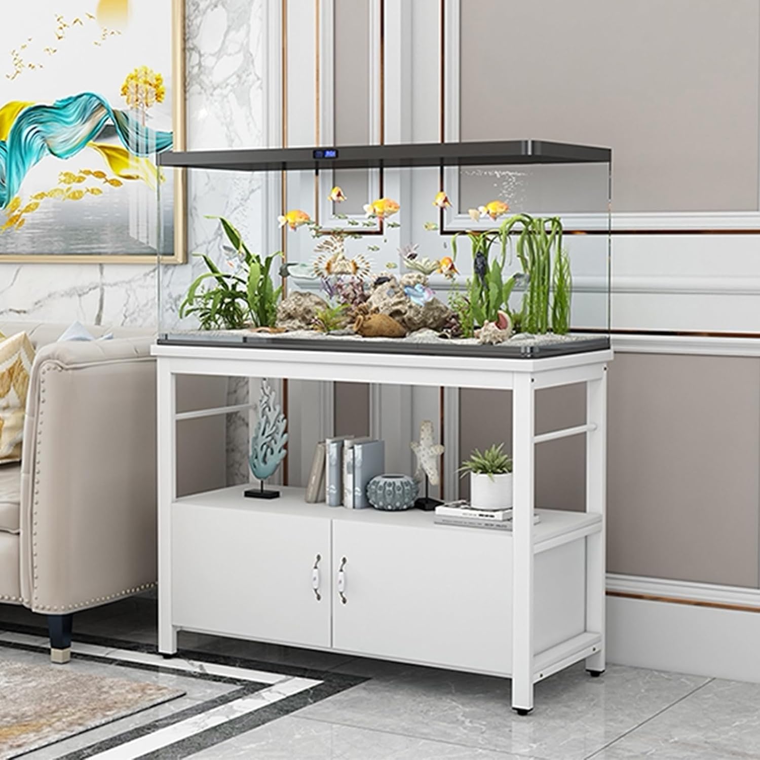 55-75 Gallon Fish Tank Stand, Metal Frame Aquarium Stands, with Shelves and Storage Cabinet for Fish Tank Accessories Storage, for Home Office White frame + white 120x45x70cm
