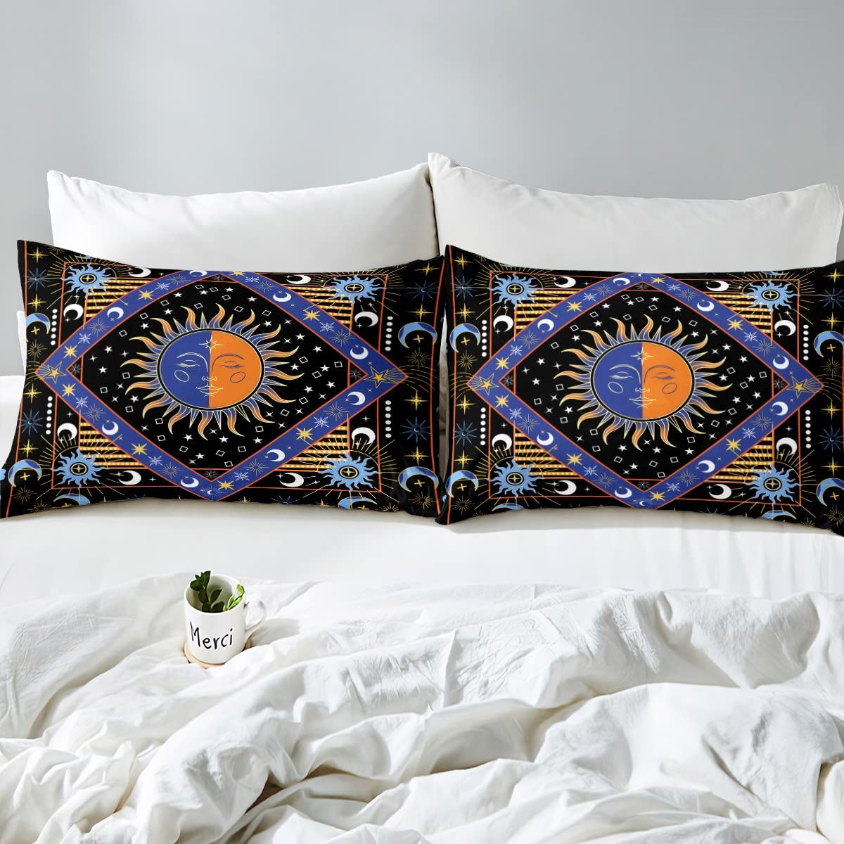 Juego de ropa de cama bohemio con diseño de luna, estilo bohemio, hippie, funda de edredón con purpurina y estrellas, galaxia, tamaño Super King, Trippy Cosmos celestial, funda de edredón con diseño