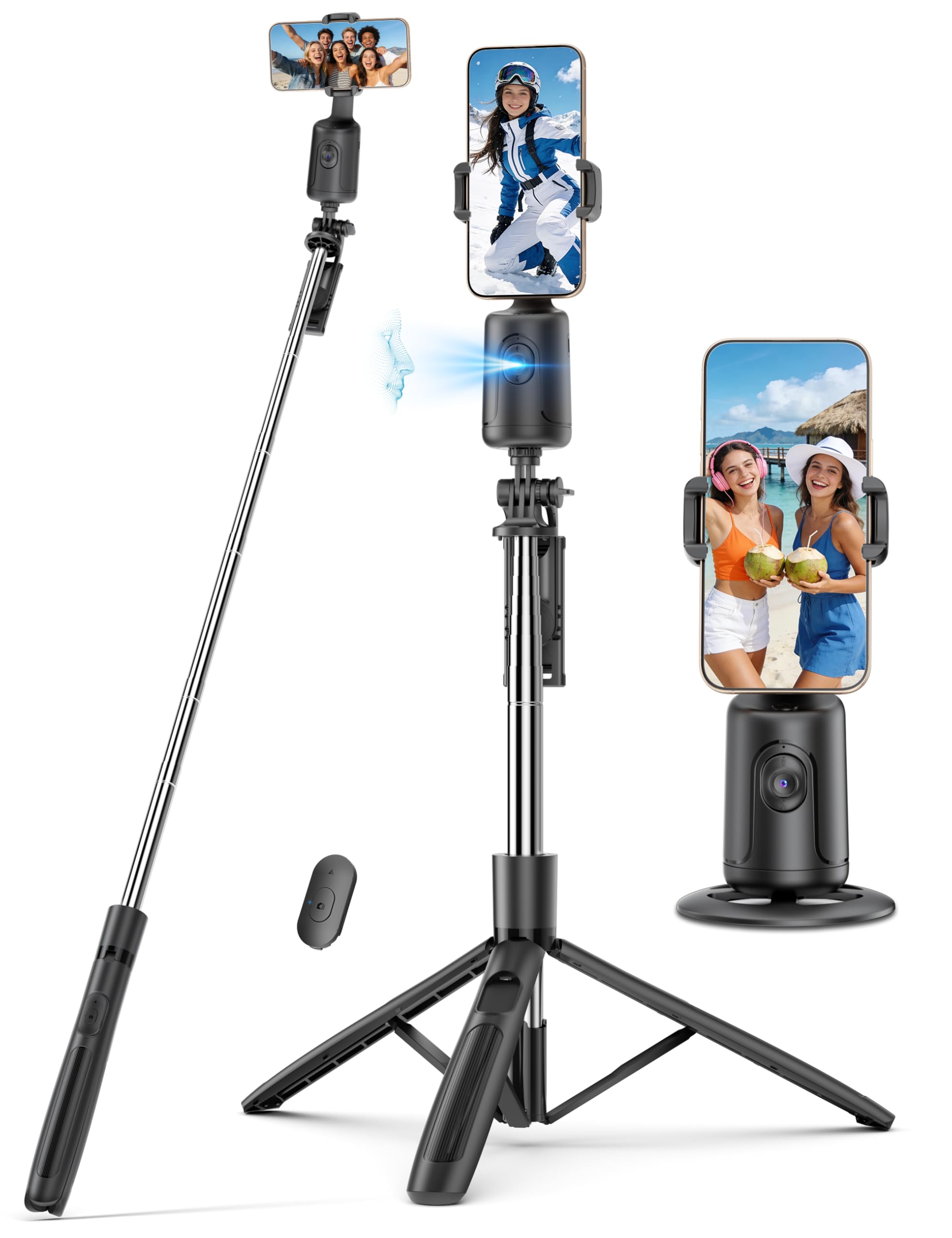 Trépied de suivi automatique du visage pour iPhone, rotation à 360 °, support de téléphone avec télécommande, support de prise de vue intelligent, perche à selfie pour enregistrement vidéo TikTok Vlog