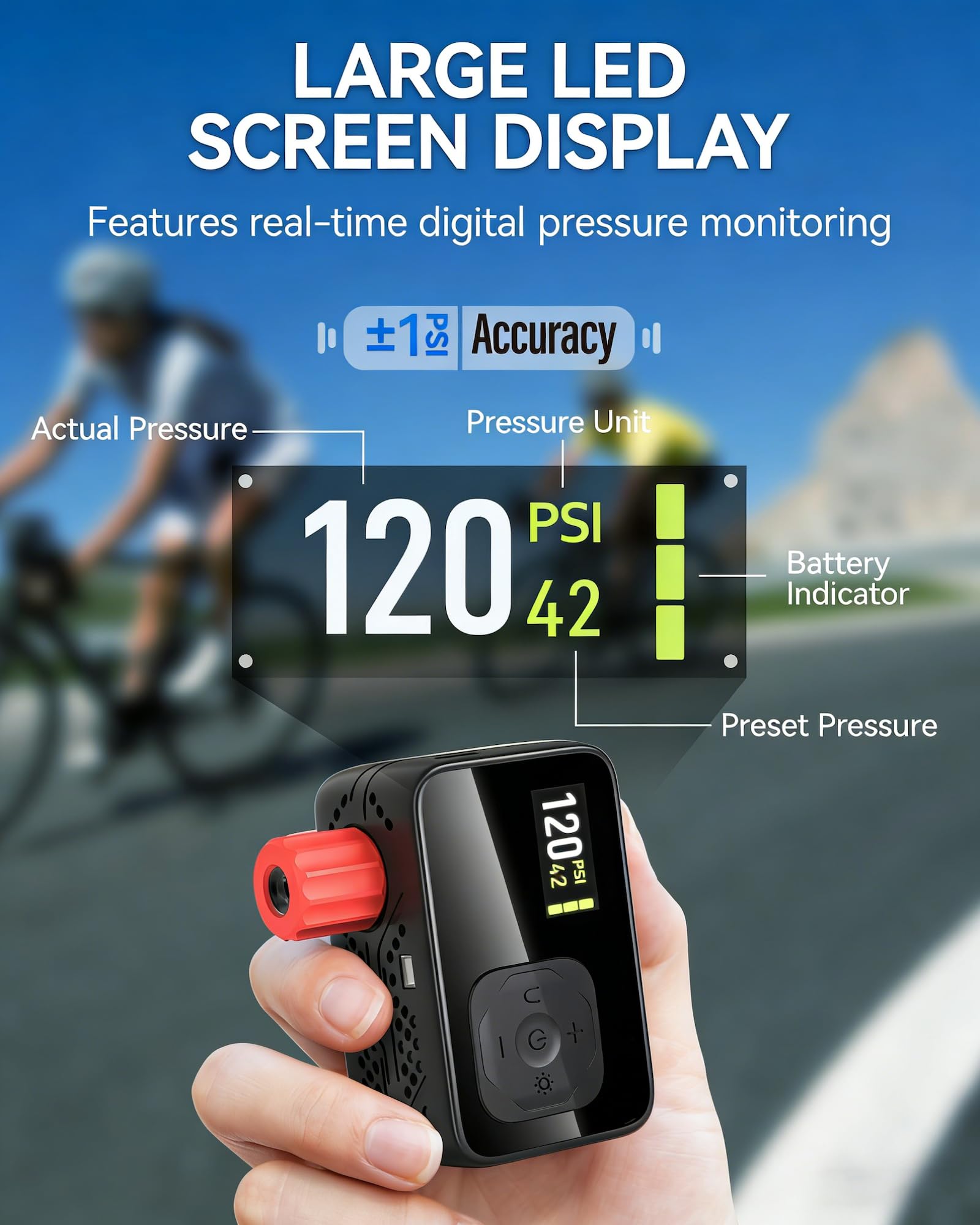 Pompe À Vélo Électrique Auto-Off Lumière LED pour Vélos Électriques VTT Ville Course Valves Presta Schrader