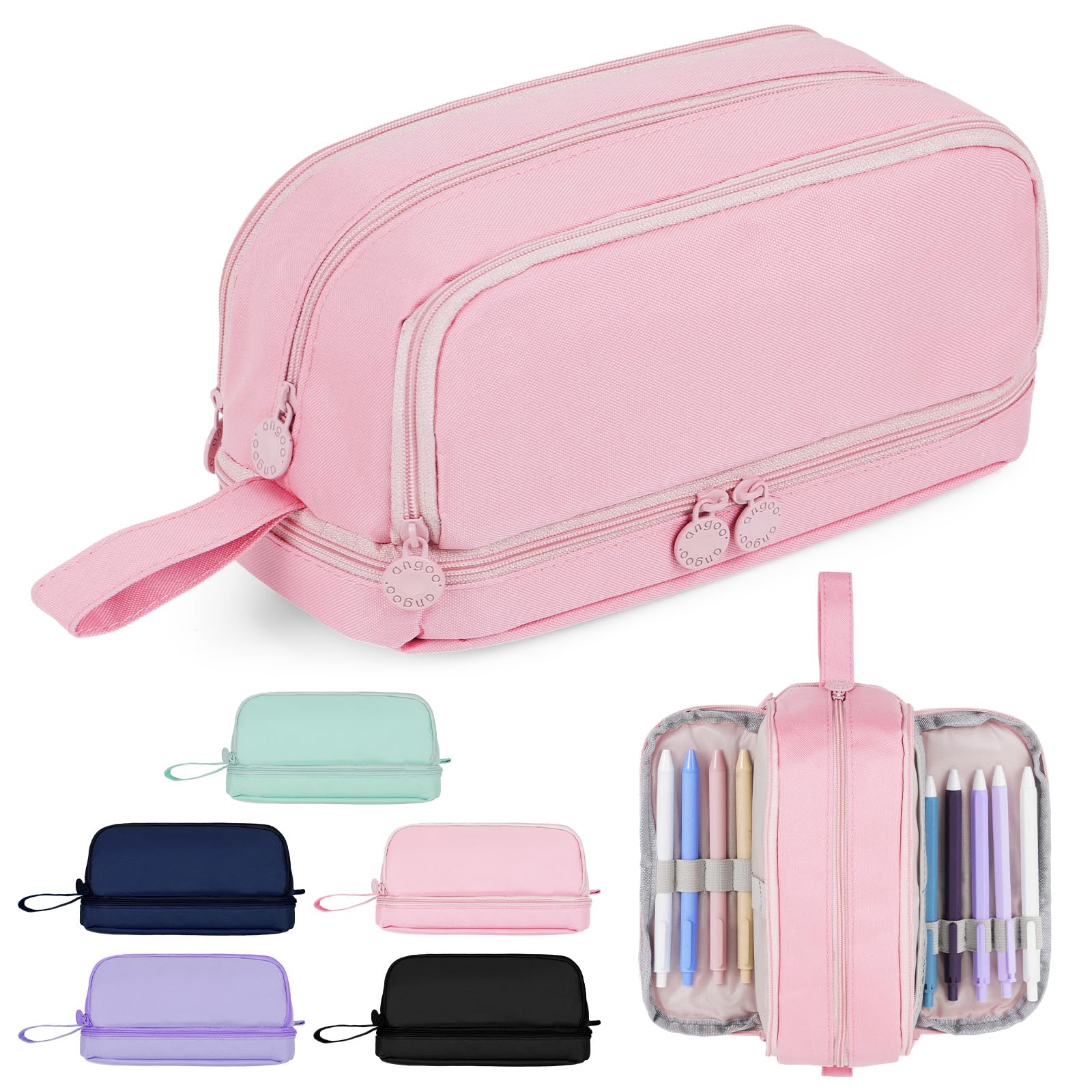 AOOSU Large Capacity Pencil Case, Pencil Case 4 Compartments with Zipper Portable Handle, Beautiful Stationery Organizer for Boys Girls Teen College Students School Adults & Office Supplies Pink