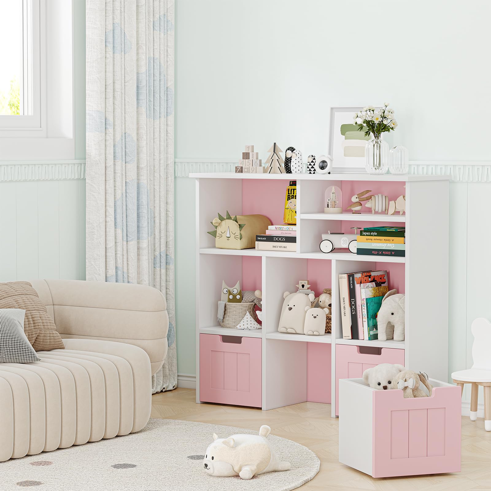 Kinderregal, Spielzeugaufbewahrung Für Kinder, Aufbewahrungsschrank, Spielzeugschrank, Aufbewahrungsbox Mit Rollen, Spielzeugregal, Kinderregal Boxen Auf Möbel, Aufbewahrungregal,100x33x89Cm,Weiß-Rosa