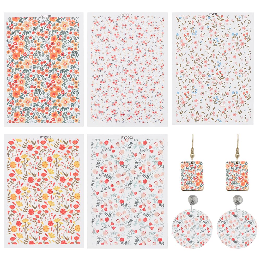 CRAFTYMELODY 5Pcs Transfer Paper for Polymer Clay 5 Styles Flower Pattern Ceramics Water Transfer Paper Underglaze Vintage Floral Watercolor Decals for Earrings Pendants Jewelry Making Accessories