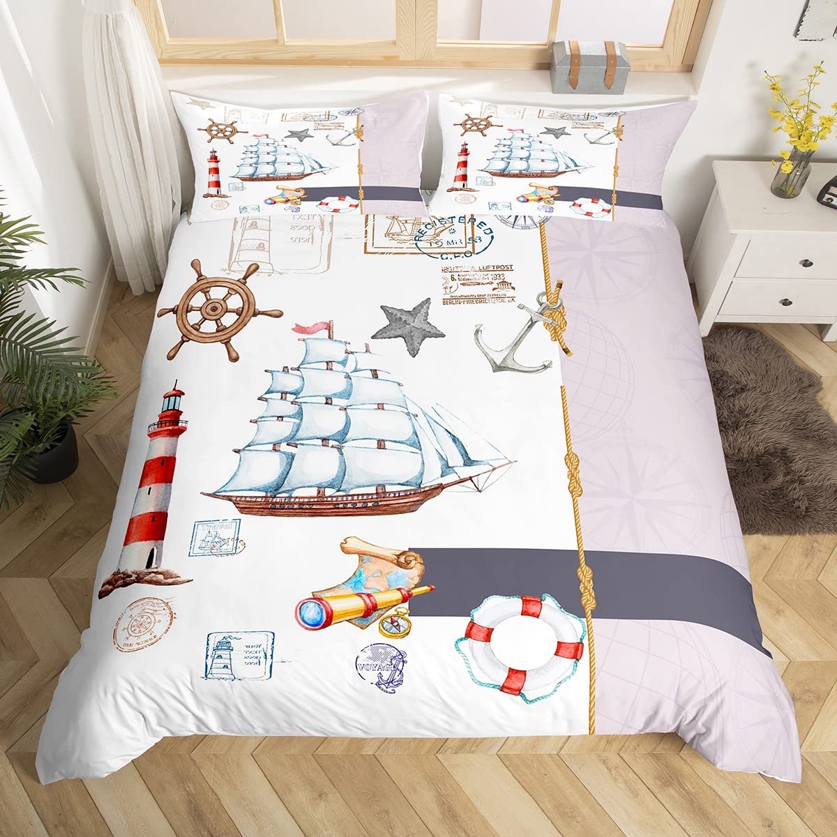 Juego De Cama Náutico 3 Piezas - Funda Nórdica Con Faro Y Veleros Estilo Acuarela Vintage - Tamaño Doble 200x200 Cm + Funda De Almohada 65x65 Cm