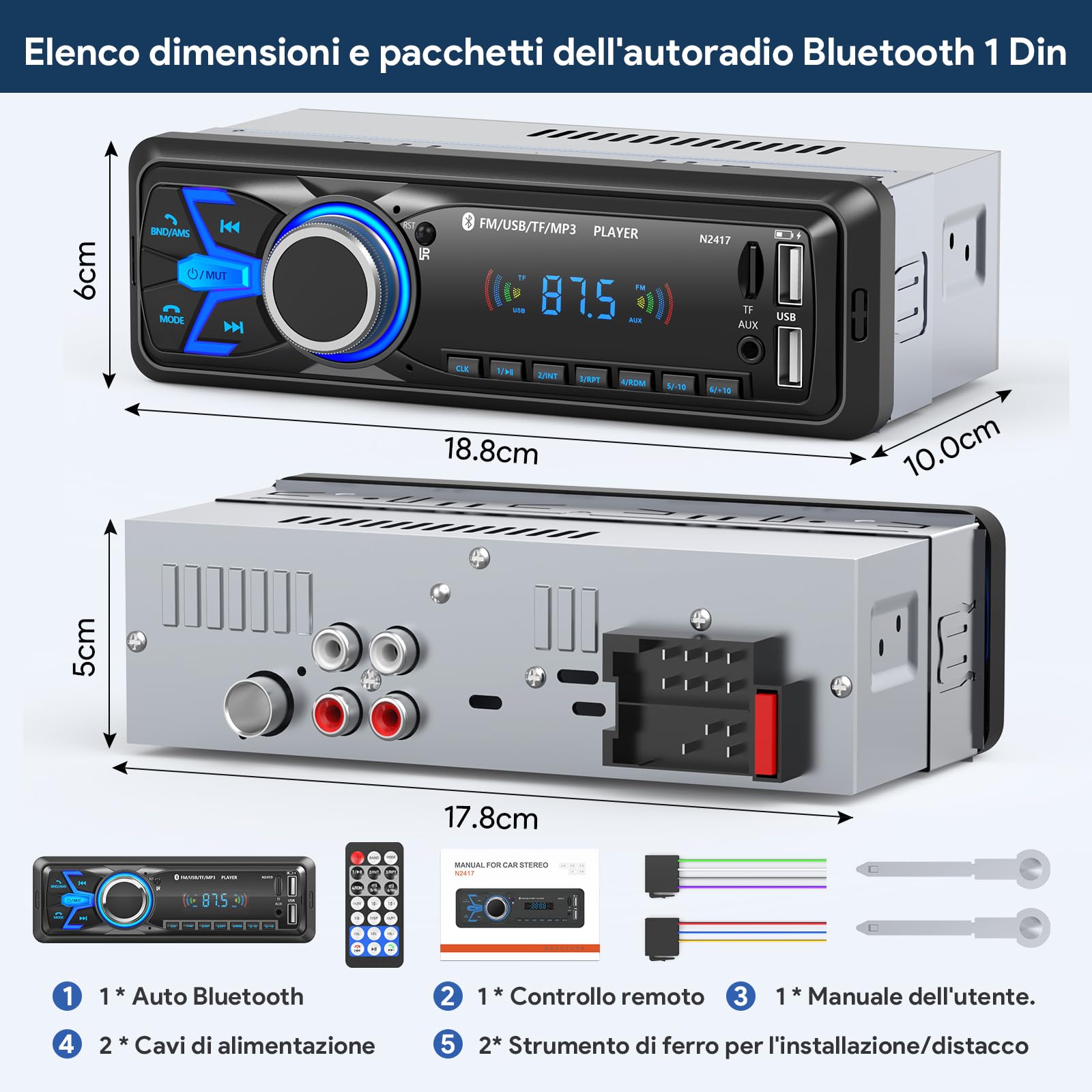 Autoradio Bluetooth,Wistrue Stereo Auto Bluetooth Autoradio 1 DIN FM Radio Auto Lettore MP3 Supporta 2 USB/Ricarica rapida/SD/AUX/Telecomando/supporto iOS/Android
