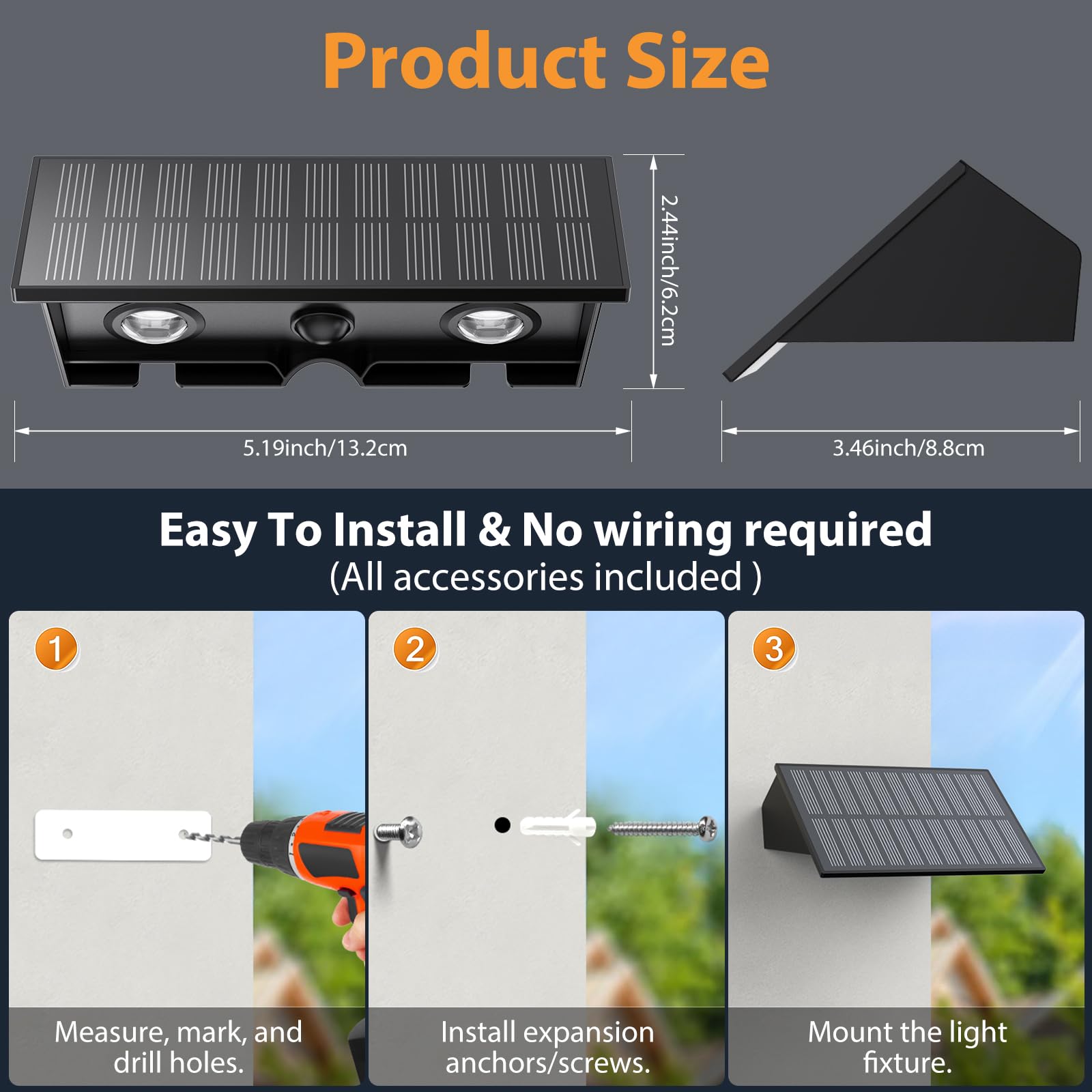 Solarzaunleuchten für den Außenbereich – 3000/4000/6000 K, 3 Modi, IP65 wasserdicht, solarbetriebene Wandleuchten, Auf- und Abwärtsbeleuchtung, solarbetriebene Wandleuchten für den Außenbereich