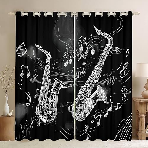 Saxofón vintage de 52 pulgadas de ancho x 84 pulgadas de largo, 2 paneles de cortinas minimalistas con notas musicales para niños y niñas, cortinas