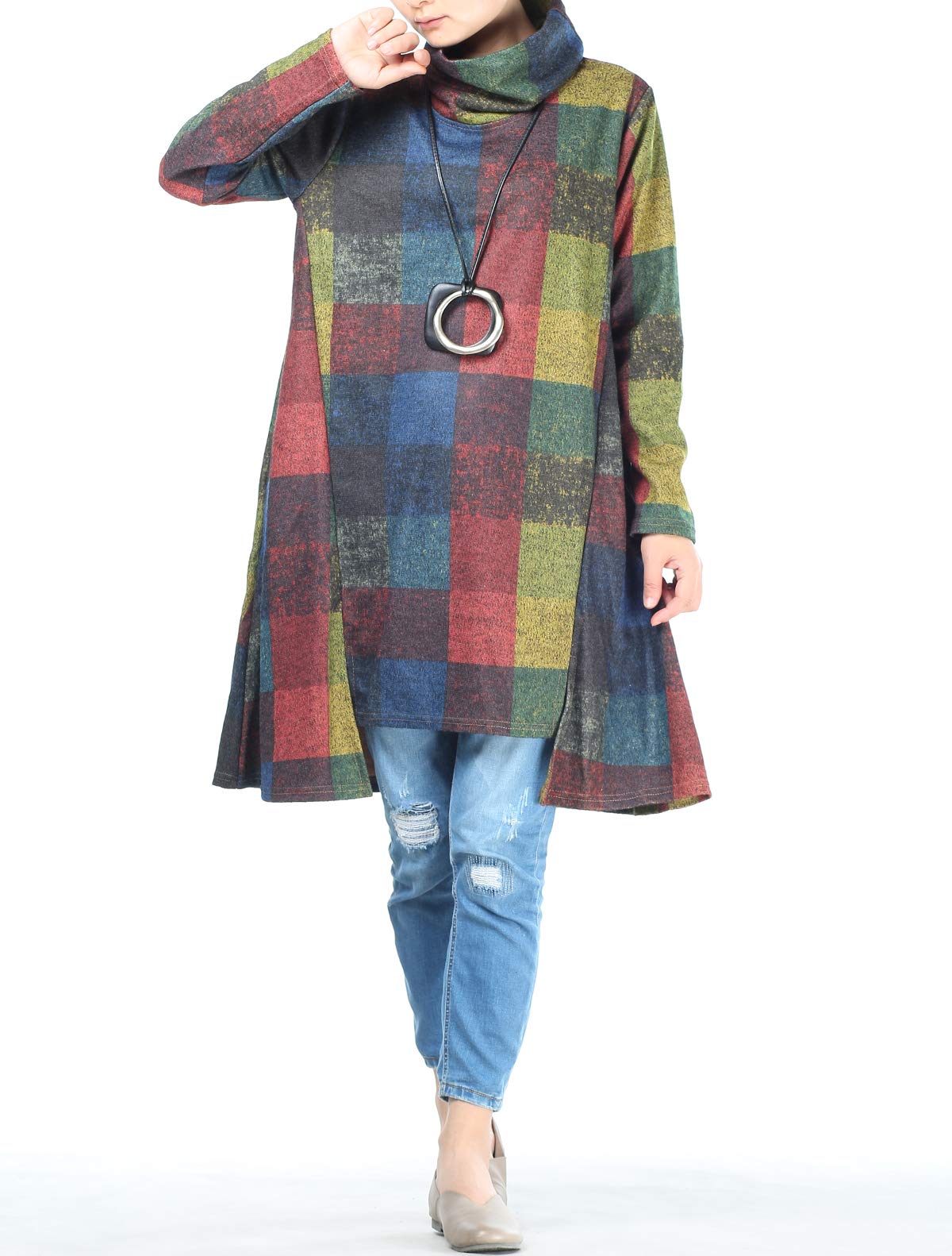 FTCayanz Donna Maglione Vestito Collo Alto Manica Lunga Plaid Pullover Top