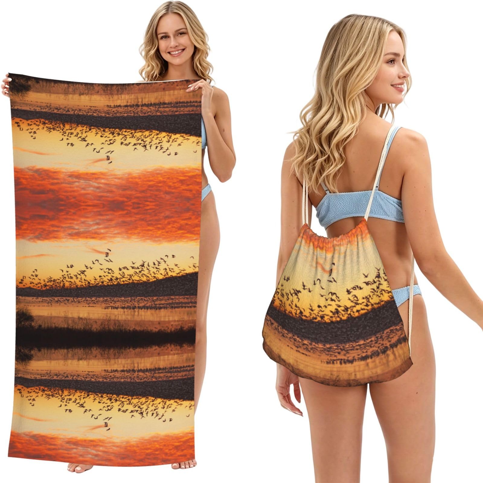 SATUSA Birds At Sunset Print 2-In-1 Foldable Beach Towel Backpack â€“ Camping, Yoga And Travel,Bath Towel With Built-In Storage, Convertible Beach Mat & Carry Bag
