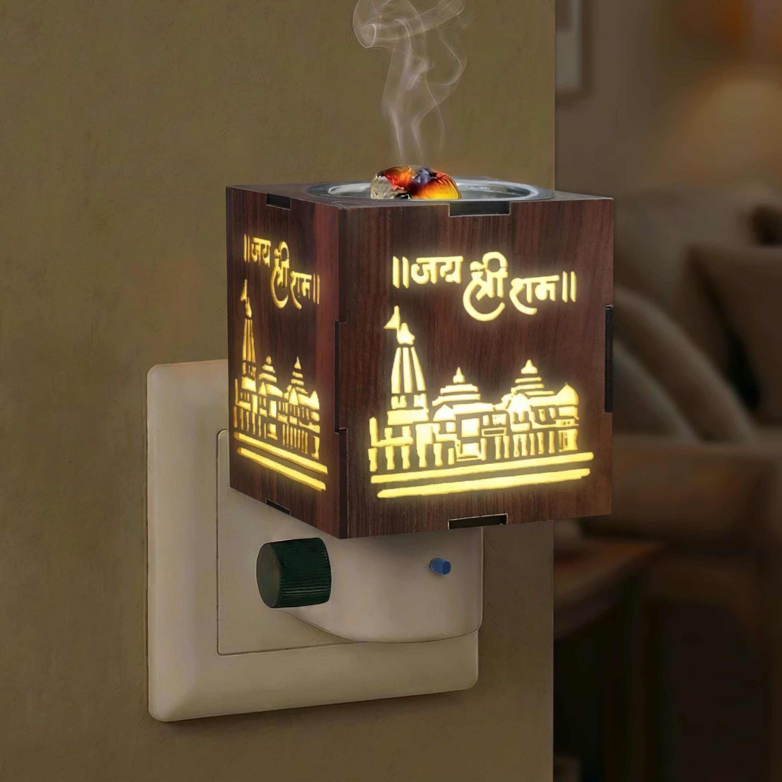FAMEADDA Wooden Kapoor Dani Electrical Camphor Burner Diffuser with 10 Mantra Sound for Home/LED Light/Volume Control/Mantra Change Button and Direct Plug with On/Off Switch for Heating