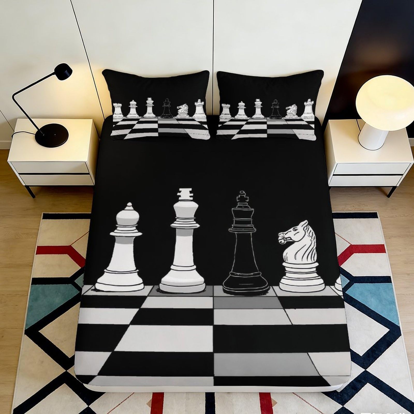 3D Printed Chess Board Fitted Sheet Microfiber Black White Chess Pieces Bed Cover for Bedroom Guest Room Decor 90x200x25cm