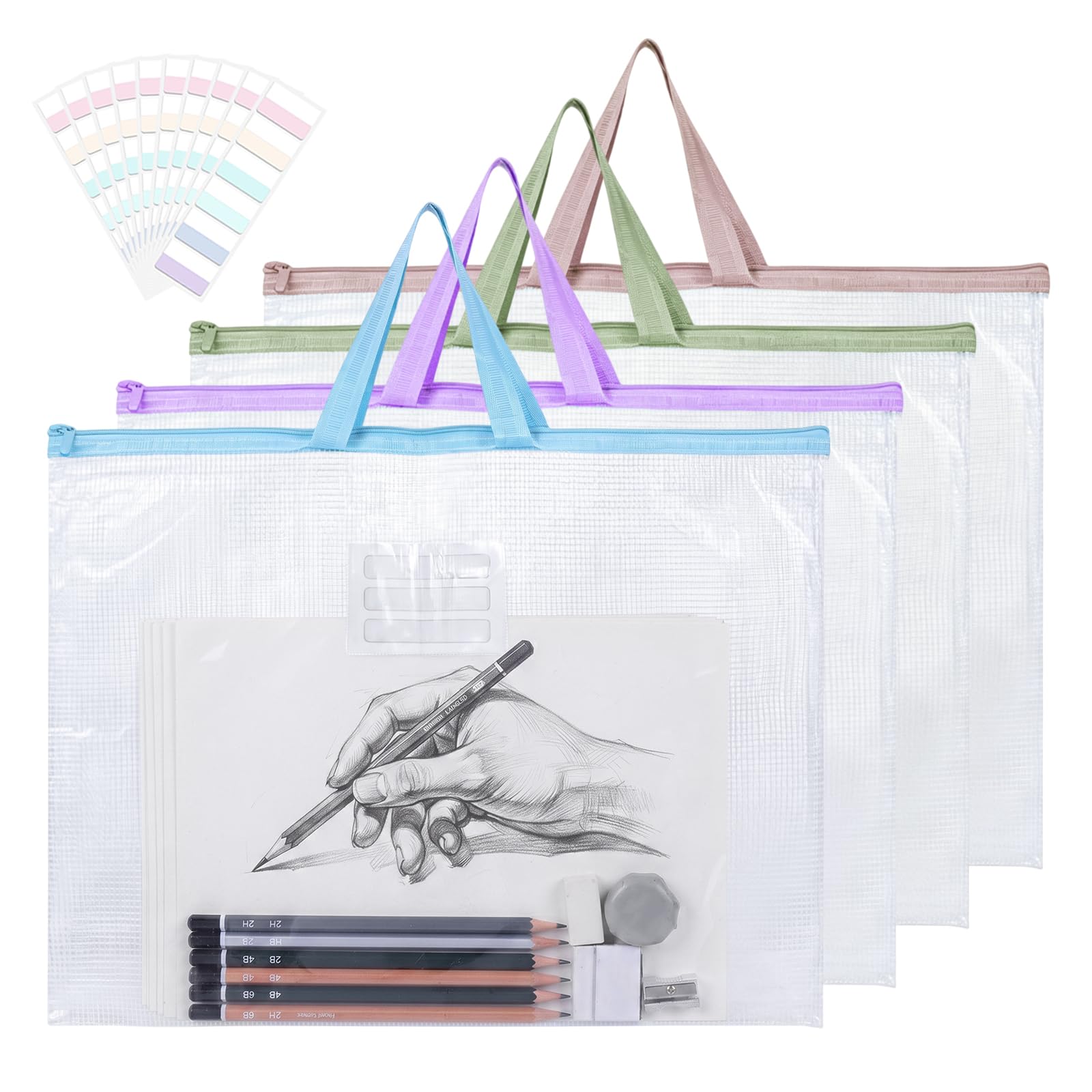 Manonosa A3 Art Folder Carry Case | Plastic Wallet | 4 Pcs A3 Zip Wallets| Document Pouch Reusable Portfolio Organizer Folder for Exam Papers Art Supplies School Files Handle Mesh Artist
