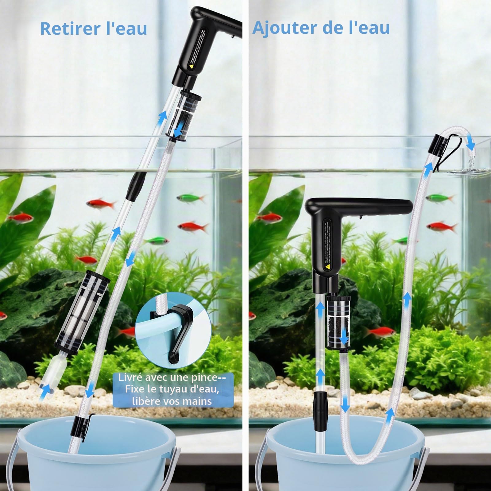 AQQA Nettoyeur de gravier d'aquarium, nettoyeur de gravier DC 18 W amélioré, kit de nettoyage de sable d'aquarium réglable, aspirateur électrique 7 en 1 pour changement d'eau, lavage du sable et
