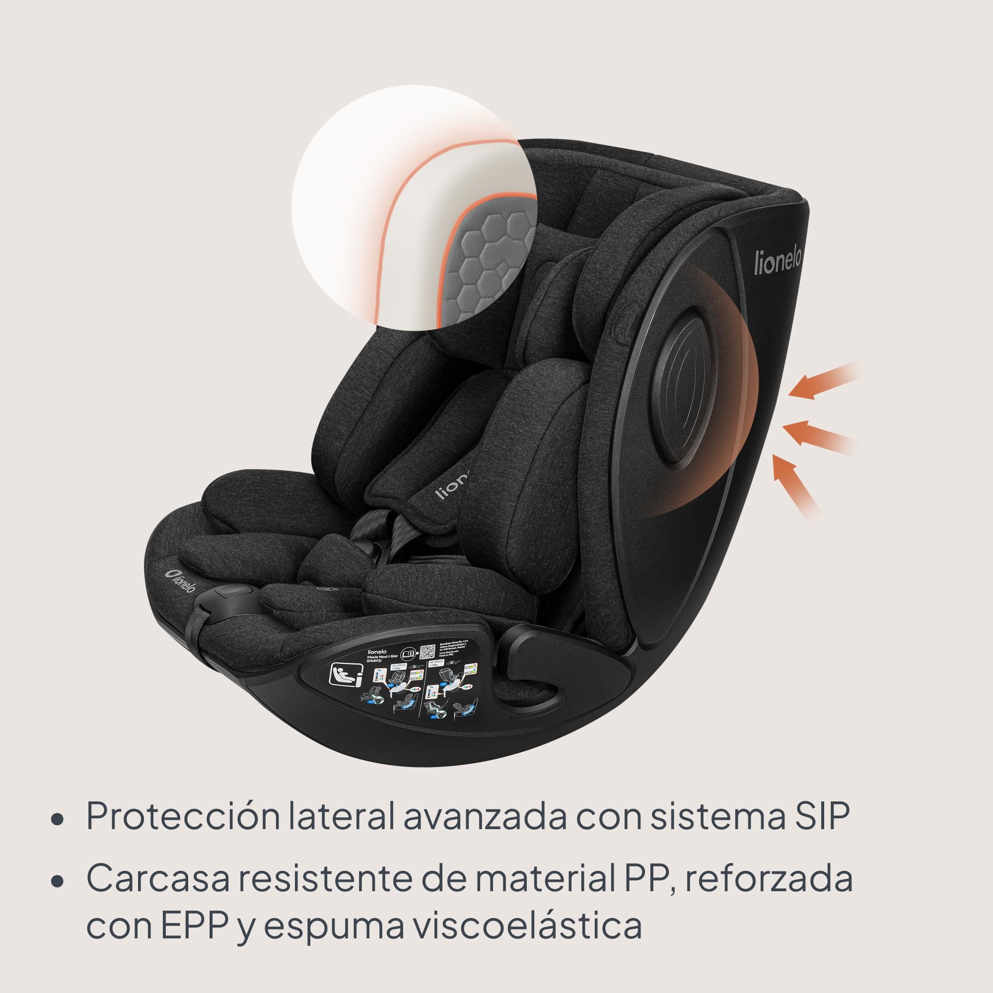Lionelo Moxie Next i-Size Silla de Coche Para Niños Aprox. 0-4 Años (40-105 Cm), 0-18 Kg, Instalación Sobre Base Giratoria 360°, Protección Lateral SIP, Ajuste Del Reposacabezas Y De La Inclinación