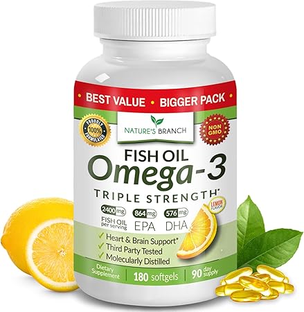 Best Triple Strength Omega 3 Fish Oil Pills - 180 Capsules - 2400mg High Potency Burpless Lemon Flavor 864mg EPA 576mg DHA Ultra Pure Liquid Softgels for Brain Joints Eyes Heart Health Supplement