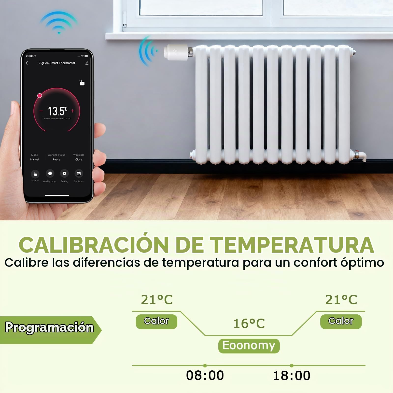 Cabezal Termostático Inteligente WiFi | Válvulas Termostáticas, Regulador de Temperatura, Control Remoto, Compatible con Alexa, Compatible con Google Assistant
