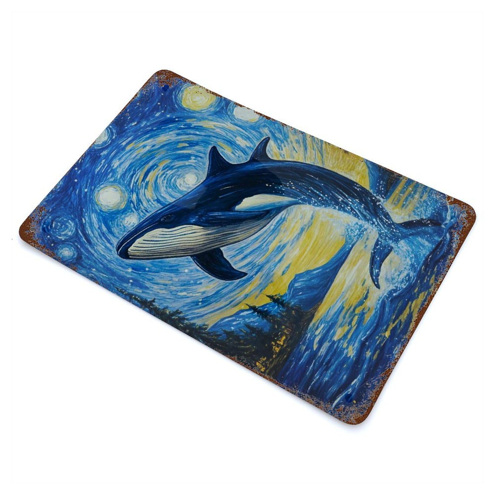 Distressed Metal Wall Sign Whale Jumping Starry Night 11.8"x7.9", Old School Wall Decor for Bistro, Counter And Cafe Decor