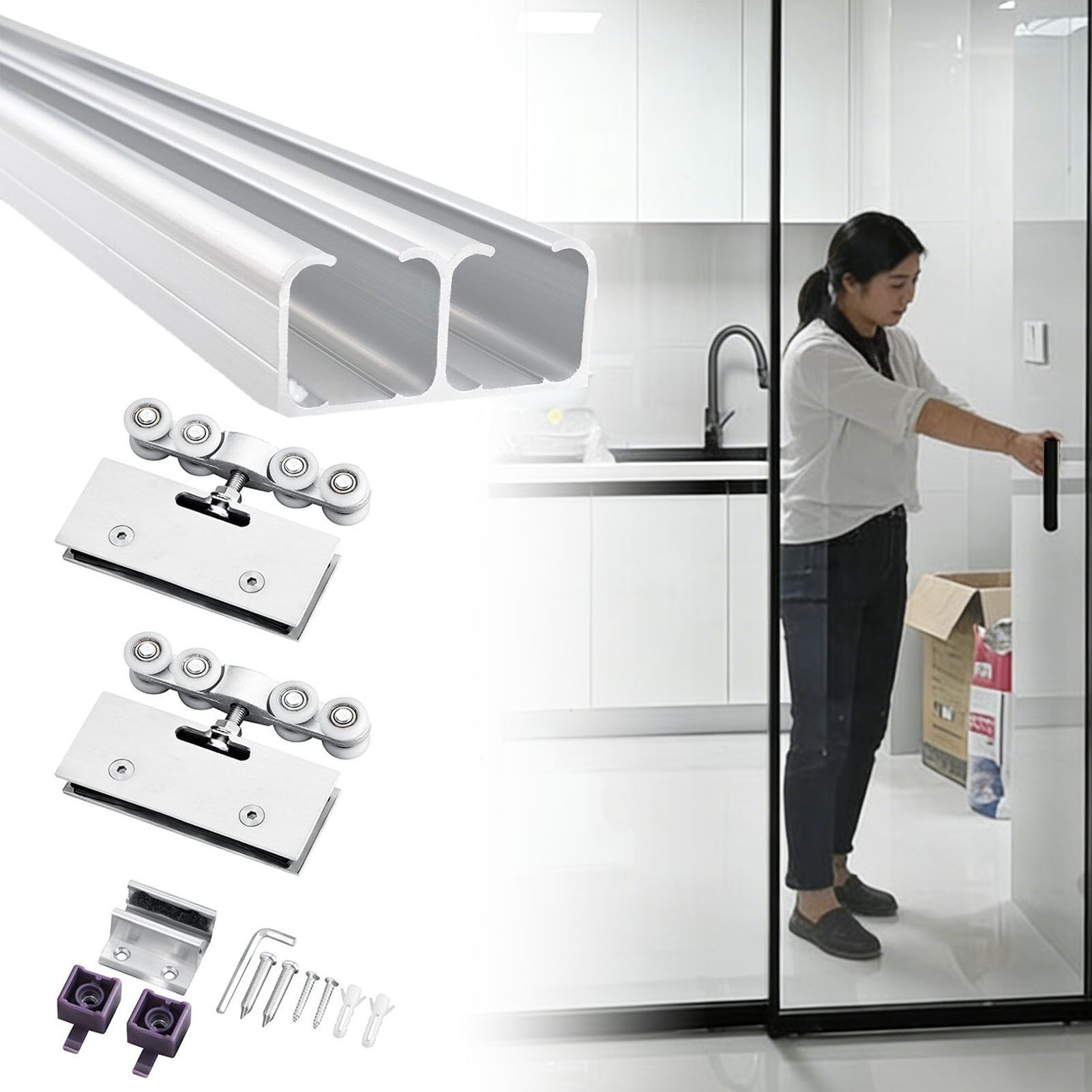 Zestaw osprzętu do drzwi przesuwnych do podwójnych drzwi, aluminiowy, podwójny system szyn szynowych do szafy obejściowej, części i drzwi stodoły, 70 cm / 2.3ft zestaw e