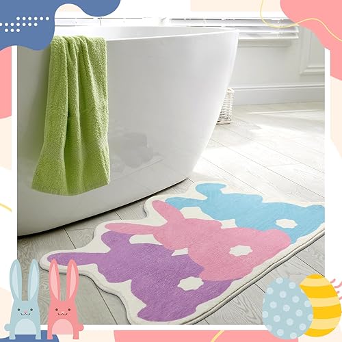 Miniatura 5 de Tinideya Alfombra de baño de conejo de Pascua, alfombras de baño coloridas de conejo de primavera, alfombras de baño antideslizantes de imitación de