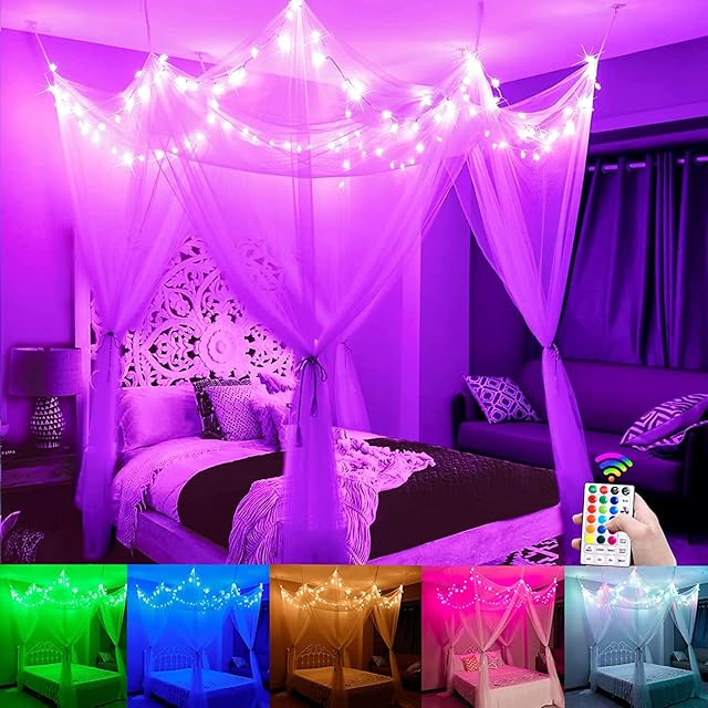 White Bed Canopy with Star Lights Girls Bedroom Christmas Decor, 8 Corners Post Hanging Princess Canopy Bed Curtains 100LED Colors Changing String Lights Remote Control for Full Queen King Bed