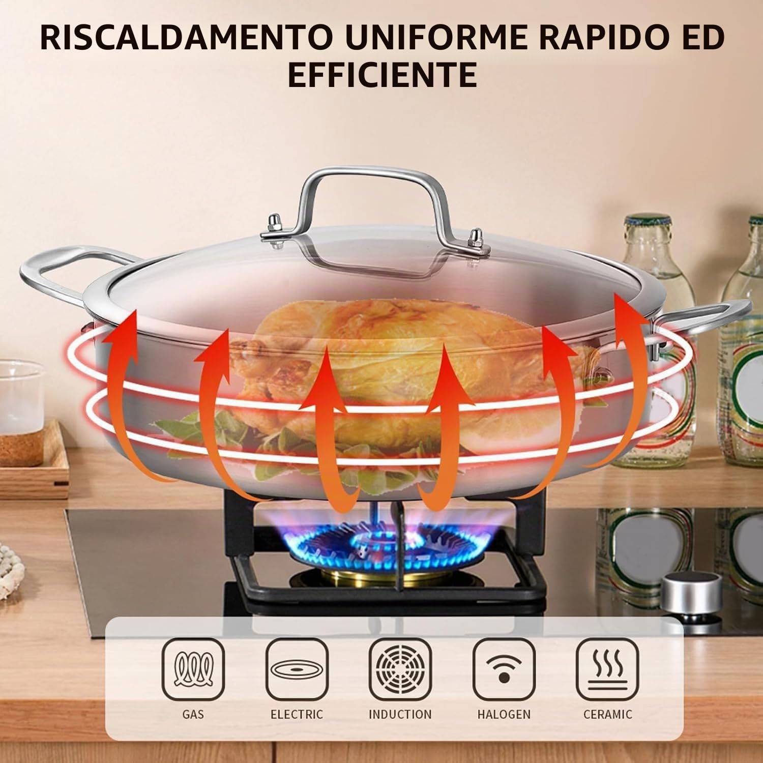 Casseruola con coperchio, Ø 30 cm, bordo alto 9,8 cm, padella a 3 strati, in acciaio inox, a induzione, per grandi piani di cottura ≥ 2300 W, induzione, tri-ply acciaio inox Braiser