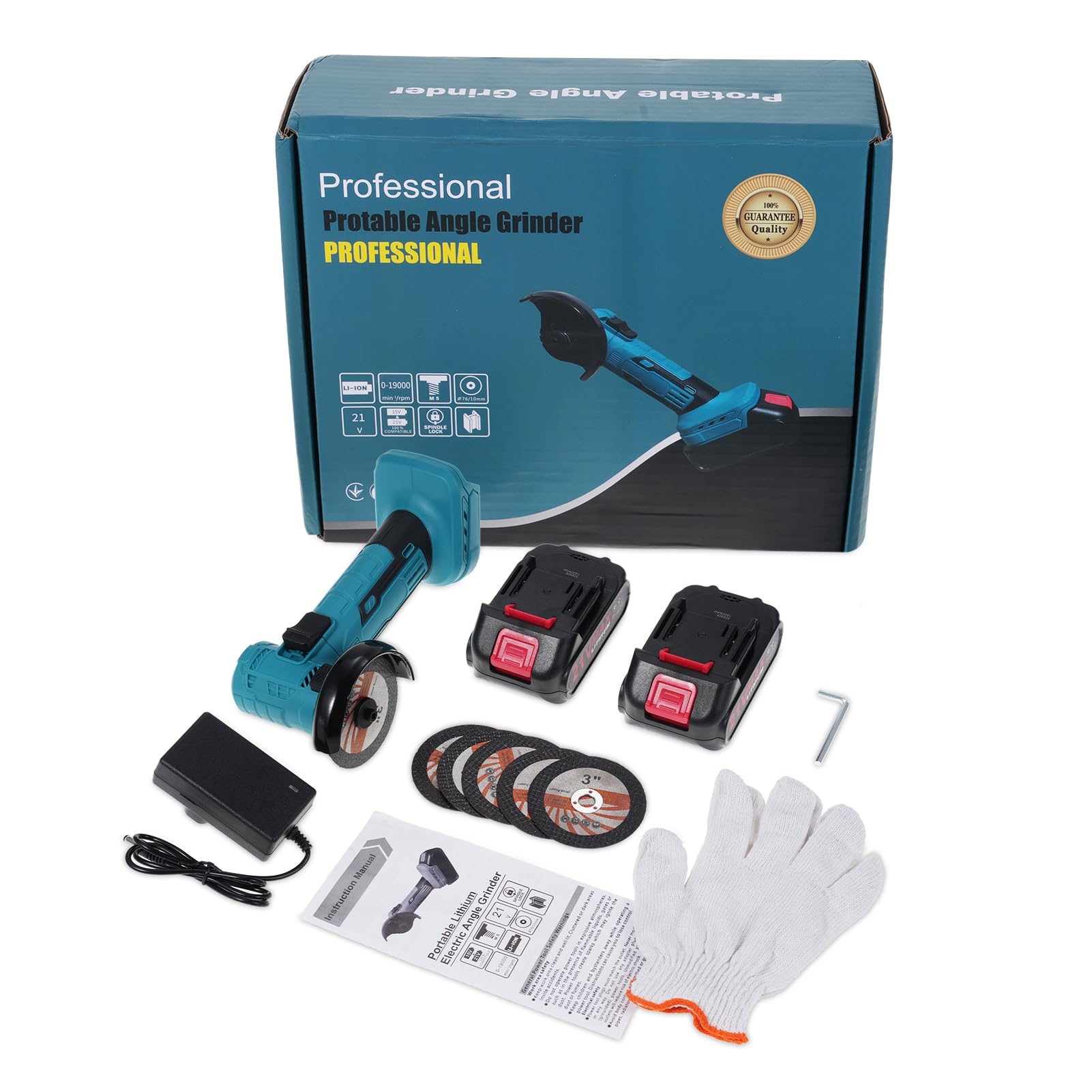 Set di smerigliatrice angolare a batteria da 21 V con motore elettrico brushless a 19.000 giri/min, potenti strumenti per smerigliatrici angolari con 2 caricabatterie da 1300 mAh per taglio