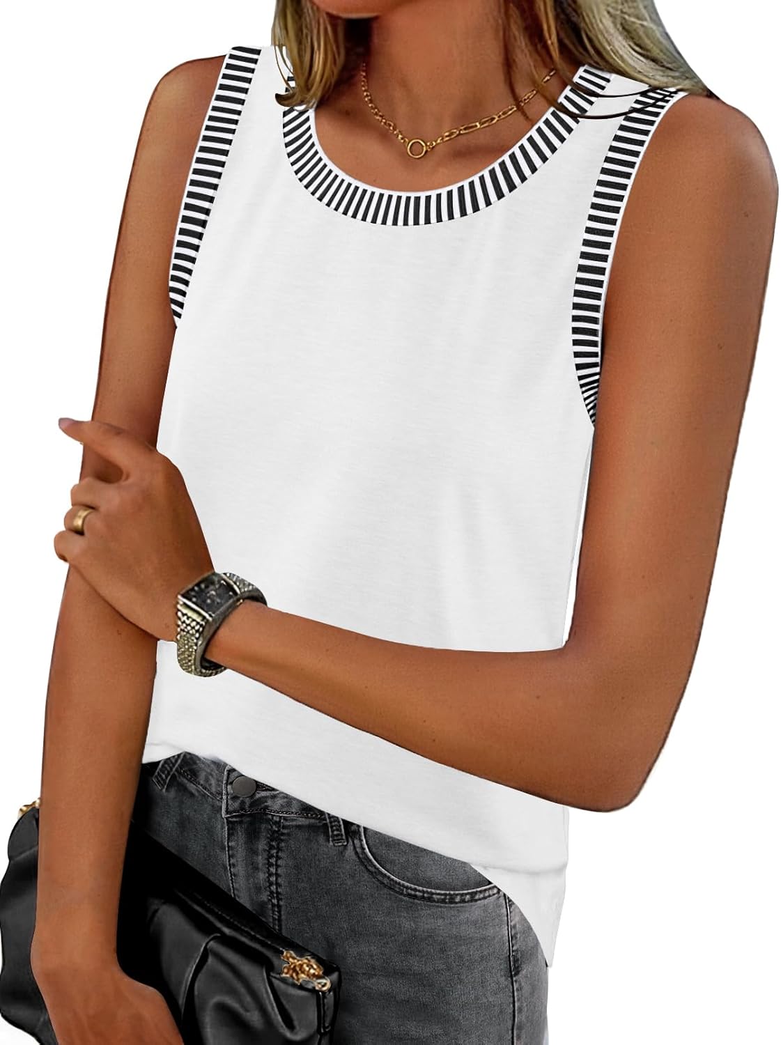 MEROKEETY Womens Tank Tops 2026 Summer Casual Sleeveless Crew Neck Basic T Shirts Beach Striped Color Block Clothes