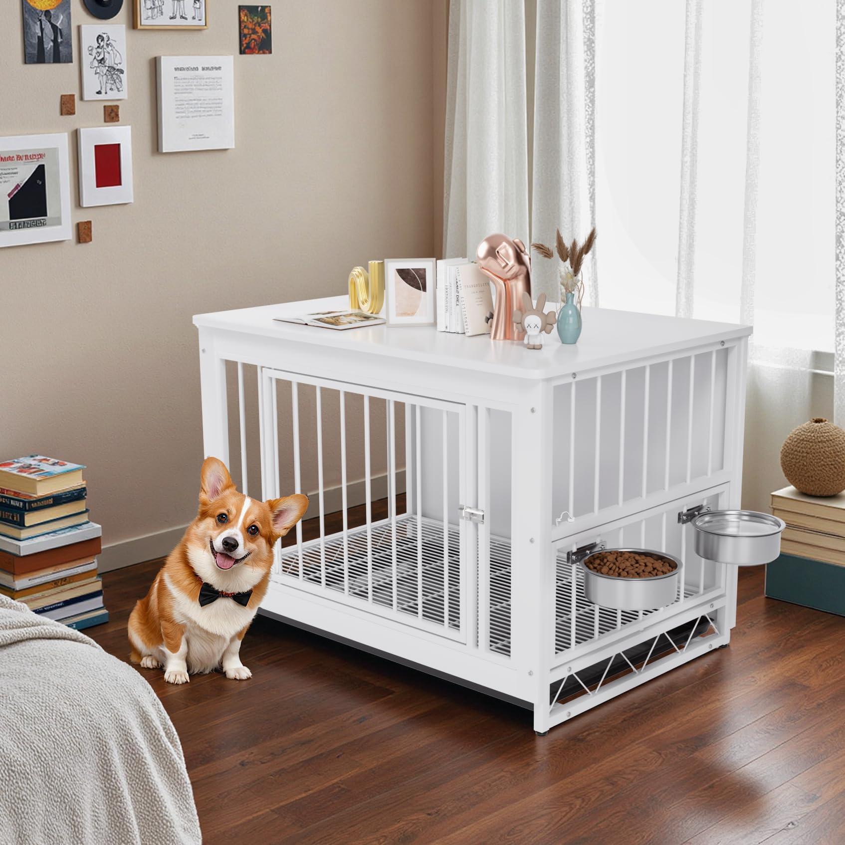 MAMIZO Gabbia per Cani Interno 93x64x58 CM, Tavolino, Armadietto, Casetta per Cani con 2 Ciotole e Porte, Kennel Cane con Vassoio Estraibile, gabbia cane Medio Piccolo, Bianco