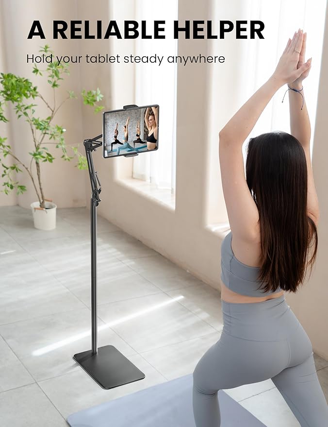 Soporte de piso metálico giratorio 360° para tablet, altura ajustable miniatura 4