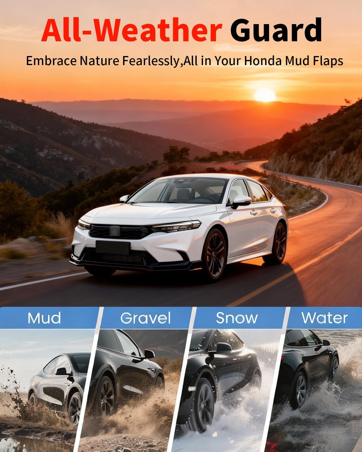 No Drill Mud Flaps for 2023-2026 Honda Accord, Heavy Duty Front & Rear All Weather Splash Guards Set for LX/SE/EX/EX-L Hybrid Sport/Sport-L Touring Models, OEM-Style Textured Black Mud Guards
