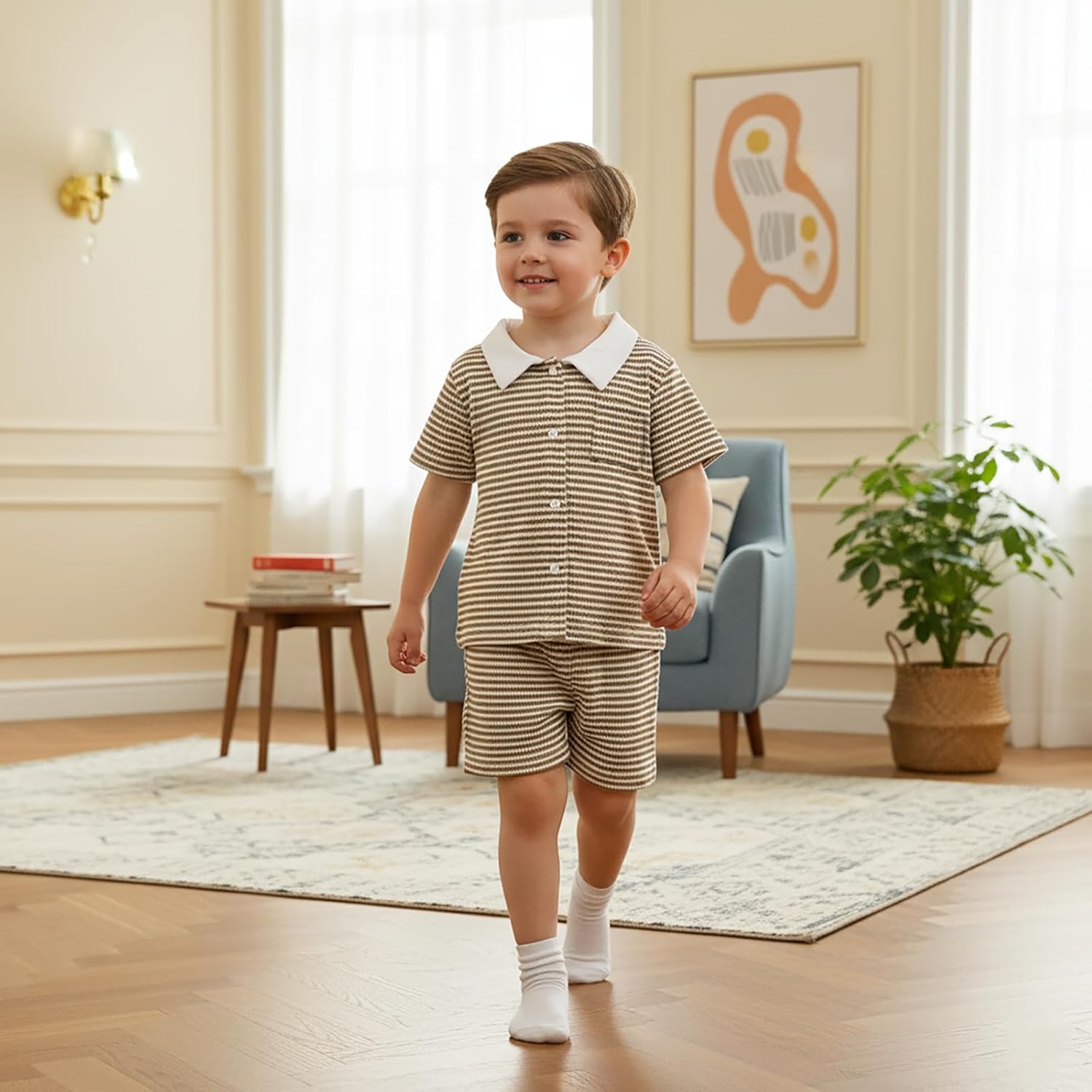 fhutpw Baby Toddler Boy Clothes Striped Button Down Shirt Tops + Elastic Waist Shorts Infant Boys Summer Outfits 2PCS Sets - Image 4