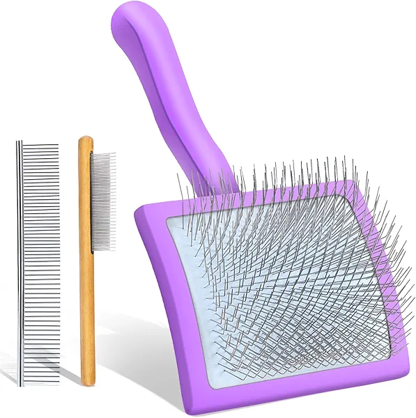 COZYGIFT Long Pin Dog Slicker Brush for Long Haired Dogs, Removes Loose Hair, Tangles and Knots, Professional Pet Grooming Kit, Purple