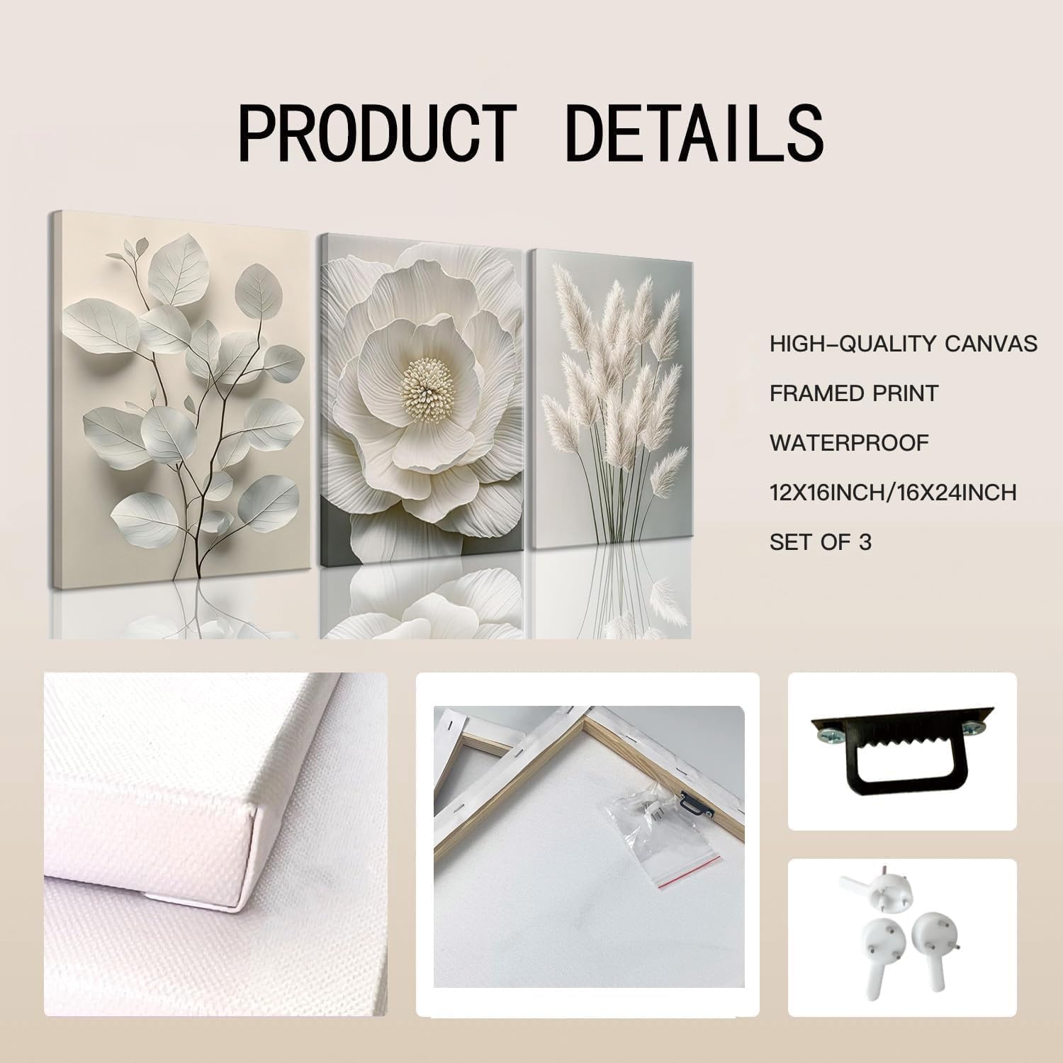 TUEASKY 3 Piece Canvas Wall Art Floral Wall Decor Neutral Pictures Flower Art Prints Botanical Paintings Beige Artwork For Bedroom Living Room