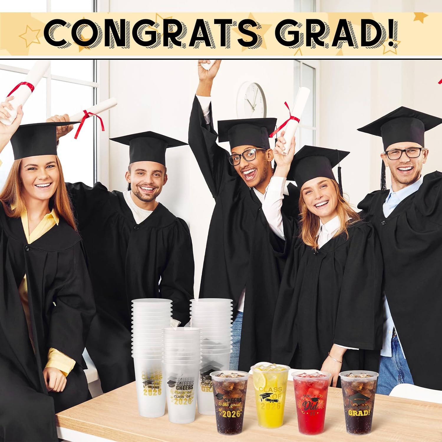 Yungyan 100 Pcs Frosted Graduation Cups 2026 Frosted Plastic Cups 16 oz Disposable Graduation Party Favors Congrats Grad Tableware Decoration for School Supplies