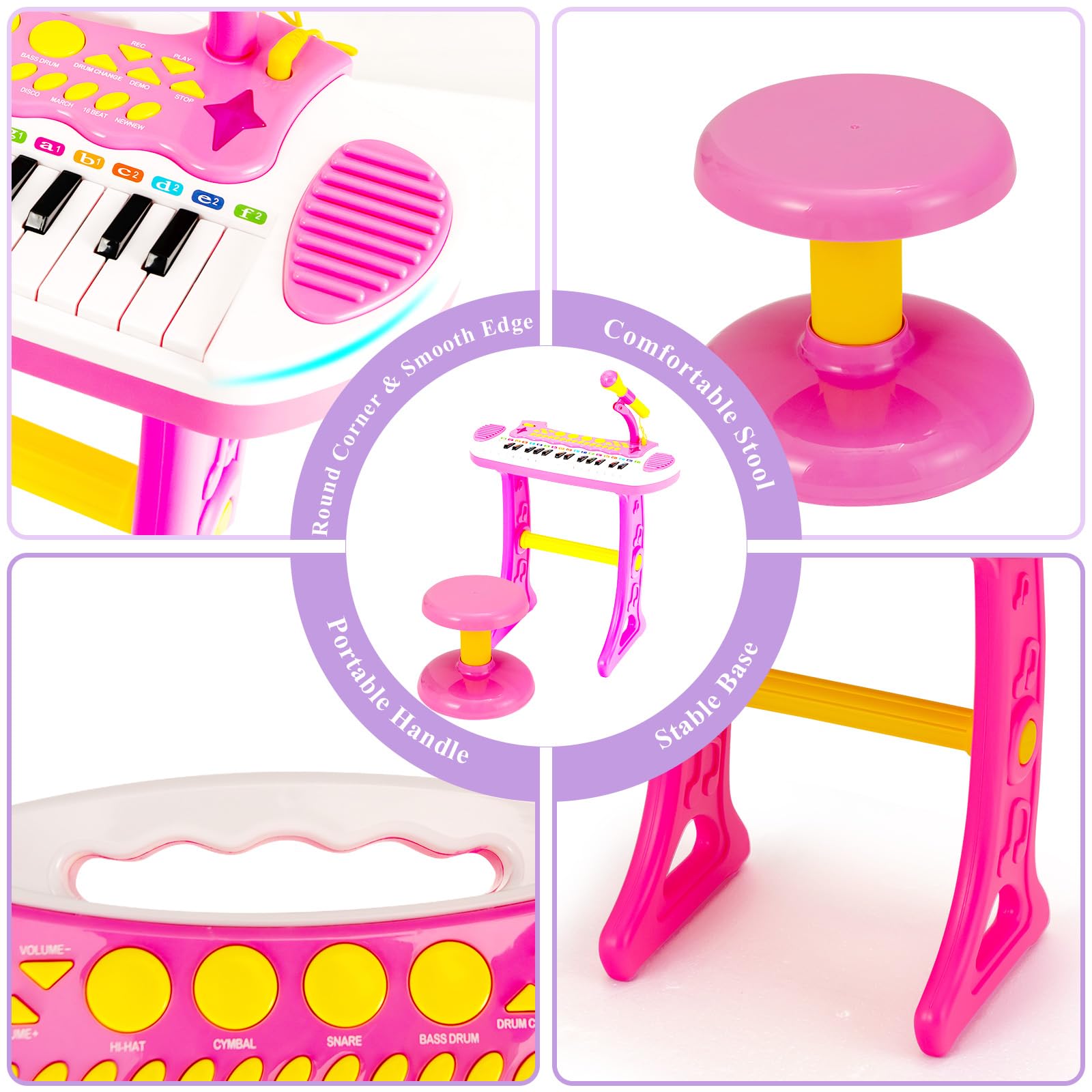 KOMFOTTEU Juego de Teclado de 31 Teclas para Niños, Piano Infantil con Efectos de Luz de Sonido y Micrófono, Juguete de Piano Electrónico con Taburete, Teclado para Niños 3 + (Rosa)
