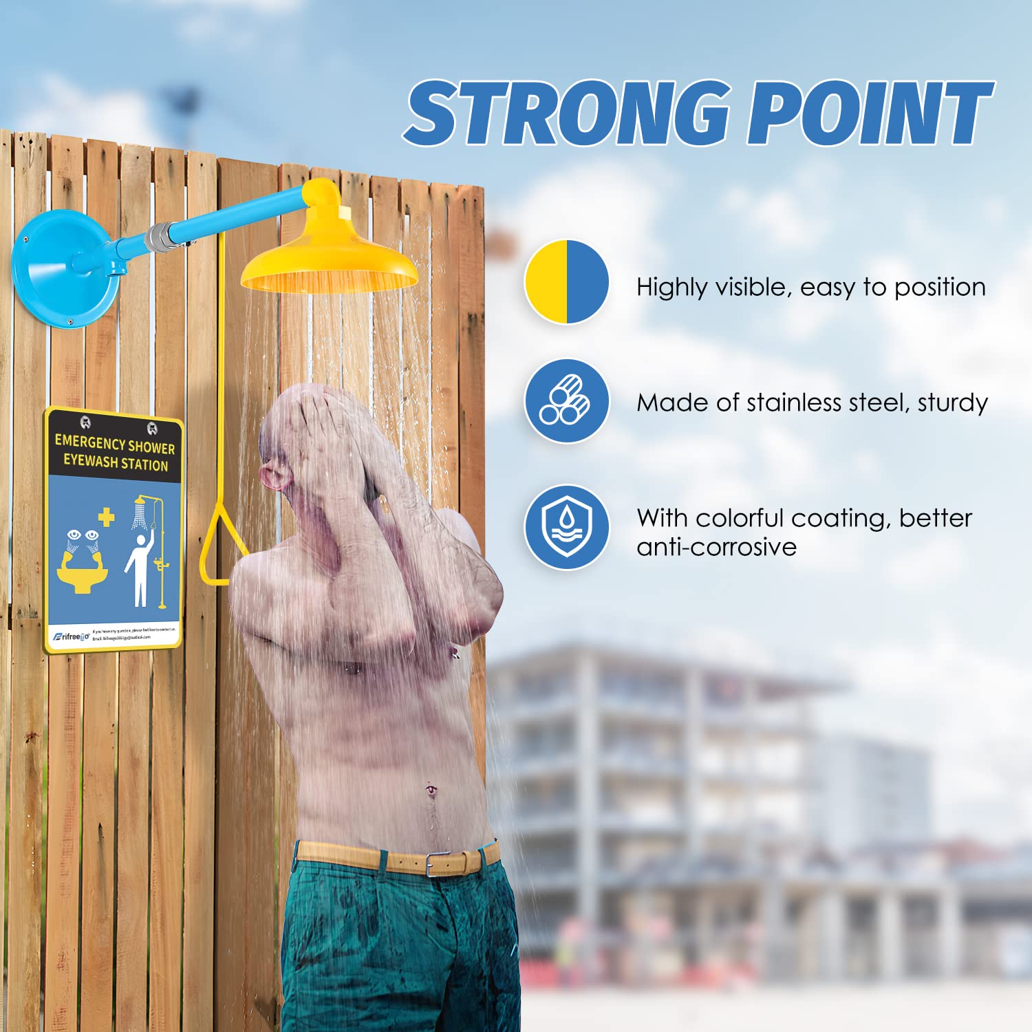 Emergency Shower Station Safety Shower Outdoor Horizontal/Wall Mounted Drench Shower for Emergency Shower, Highly Visible Color