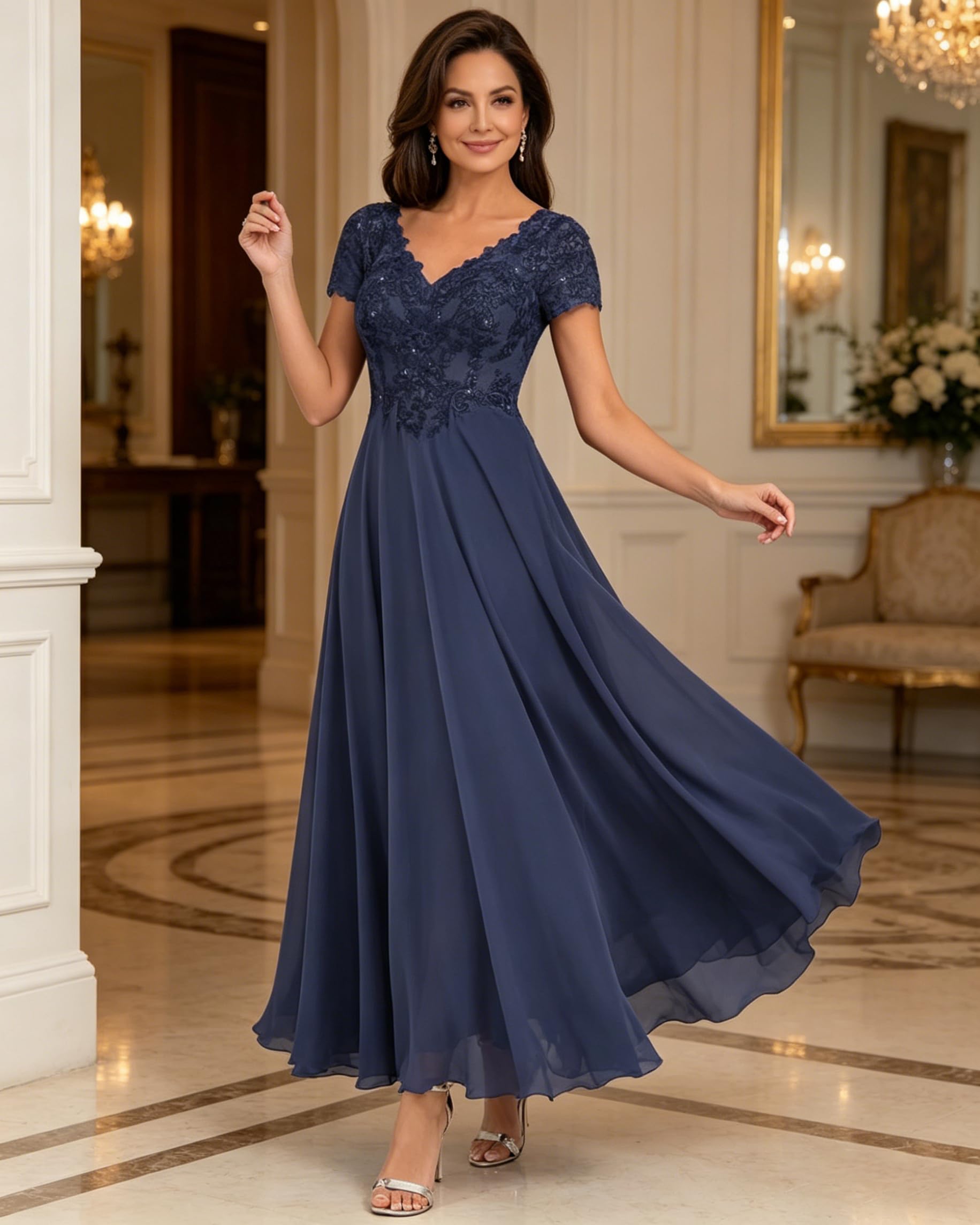Brautmutterkleider aus Chiffon mit Spitze, Ärmeln und Teelänge, formelles Abendkleid für Damen zur Hochzeit