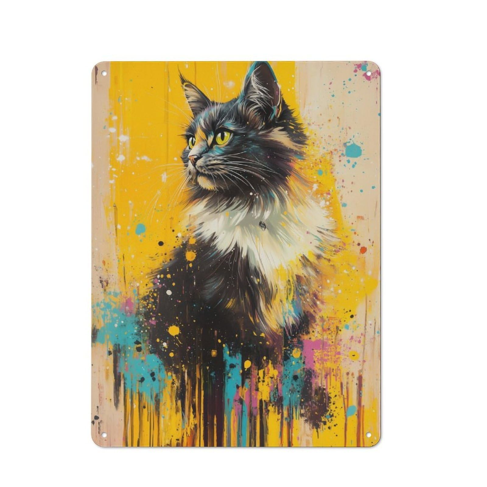 Junmoney Cat Portrait With Splashes Tin Wall Plaque 40X30cm With For Living Room Or Hallway, For Garage, Workshop And Man Cave Decoration