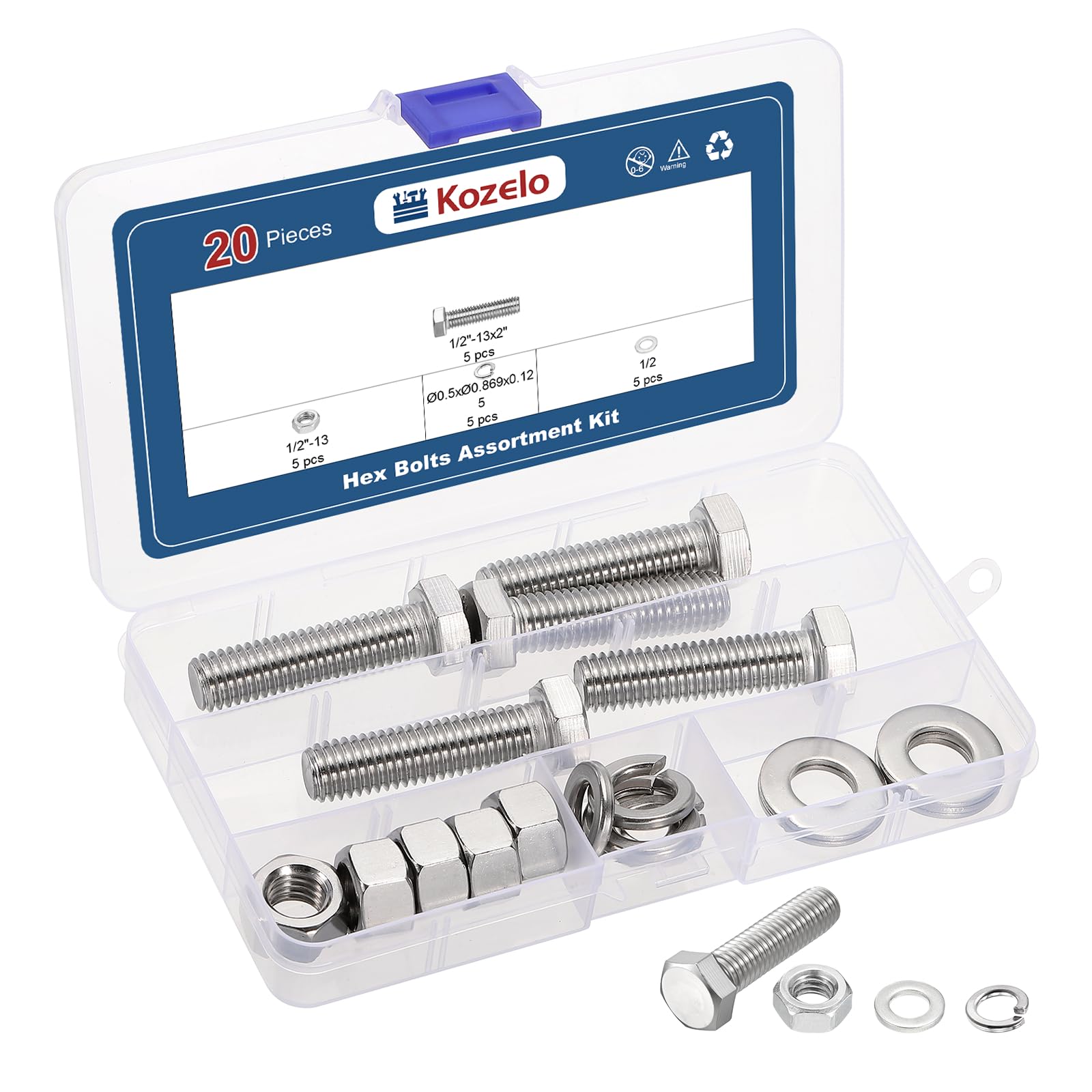 Kozelo 20 Pcs Bolts and Nuts Washers Kit - [1/2"-13x2"] 304 Stainless Steel Hex Tap Bolt Assortment Fully Threaded Hexagon Head Machine Bolts Right Hand External Hex Drive, Silver Tone — image 1